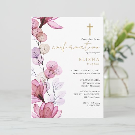 Dusty Roos Transparant Bloemen Goud Bevestiging Kaart (Staand voorkant)