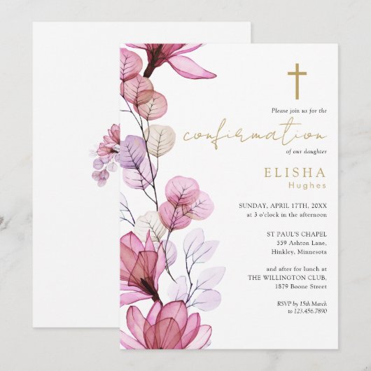 Dusty Roos Transparant Bloemen Goud Bevestiging Kaart (Voorkant / Achterkant)