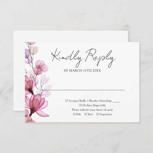 Dusty Roos Transparant Bloemen Monogram Bruiloft RSVP Kaartje (Voorkant / Achterkant)