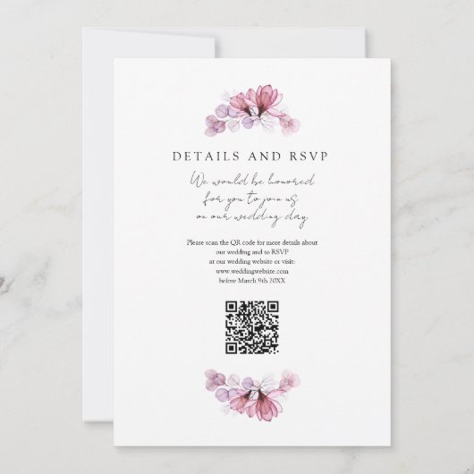 Dusty Roos Transparant Bloemen QR Code Bruiloft Kaart (Achterkant)
