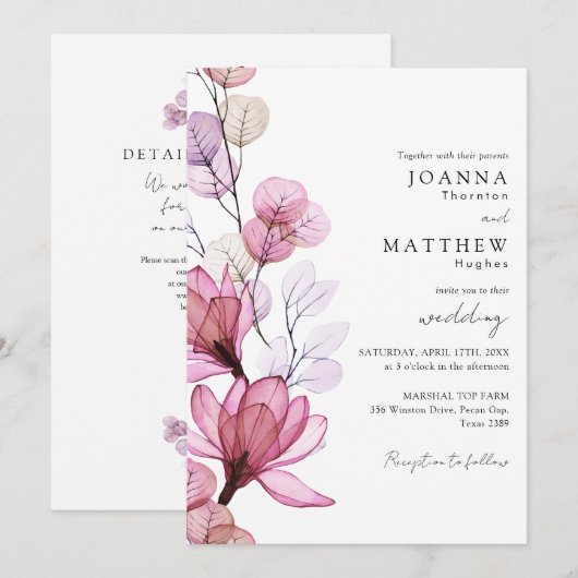 Dusty Roos Transparant Bloemen QR Code Bruiloft Kaart (Voorkant / Achterkant)