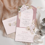 Dusty Roos Tropical Pampas Grass Orchids Wedding All In One Uitnodiging<br><div class="desc">Dit moderne alles in één trouwuitnodiging omvat een afraapbare RSVP-kaart met menuopties onderaan voor gebruiksgemak. Bouquets van witte tropische orchideeën,  pamapgras en gedroogde palmbladschijfjes versieren de moderne boog,  met een monochromatische kleurstructuur in tinten van stoffig roos,  bruin en zacht roze. Vind passende producten in het collectie.</div>