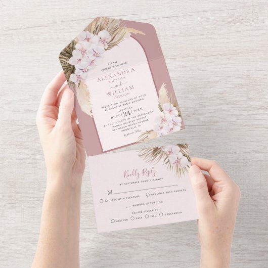 Dusty Roos Tropical Pampas Grass Orchids Wedding All In One Uitnodiging (Afscheurbaar)
