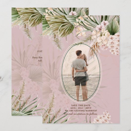 Dusty Roos Tropical Pampas Grass PHOTO Wedding Sav Save The Date (Voorkant / Achterkant)