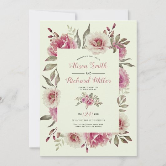 Dusty roos waterverf bloem lijst bloemenbruiloft kaart (Voorkant)