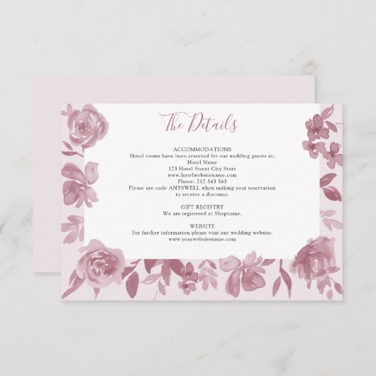 Dusty Roos Waterverf Bloemen bruiloft Details Informatiekaartje (Voorkant / Achterkant)