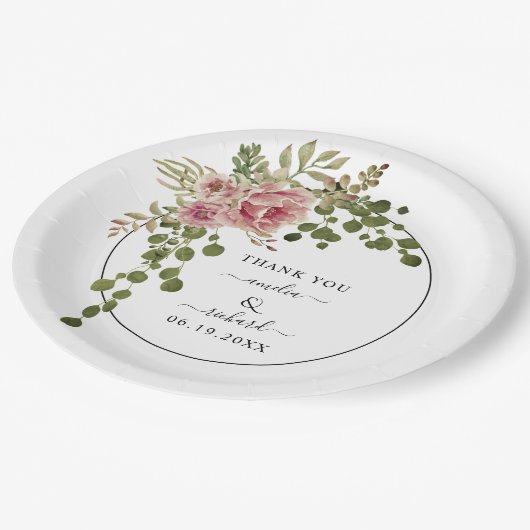 Dusty roos waterverf bloemen Dank je bruiloft Papieren Bordje (Gekanteld)