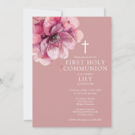 Dusty Roos Waterverf Floral First Holy Communion Kaart