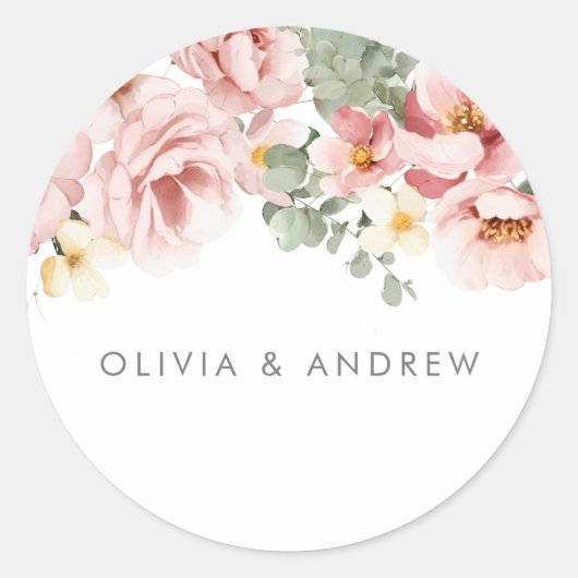 Dusty Roos Waterverf Floral Wedding Ronde Sticker (Voorkant)
