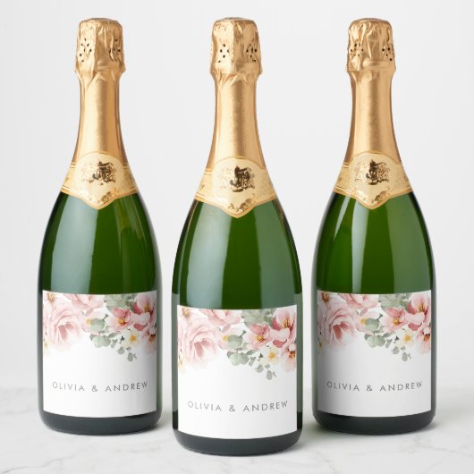 Dusty Roos Waterverf Floral Wedding Sparkling Wijnetiket (Flessen)