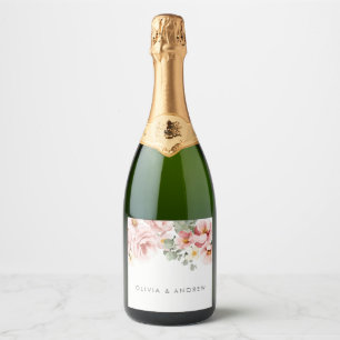 Dusty Roos Waterverf Floral Wedding Sparkling Wijnetiket