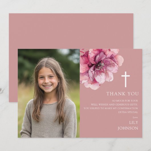 Dusty Roos Waterverf Flower Fotobevestiging Bedankkaart (Voorkant / Achterkant)