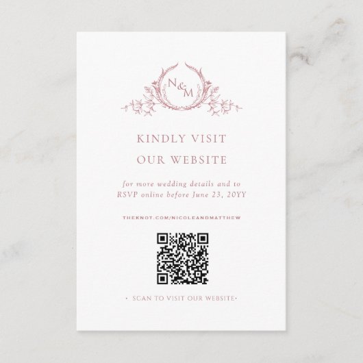 Dusty Roos Waterverf Monogram QR Code/RSVP Online Informatiekaartje (Voorkant)