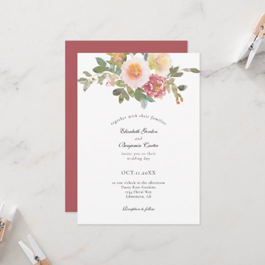 Dusty Roos Wedding Elegant Floral modern script in Kaart (Voorkant / Achterkant in situ)