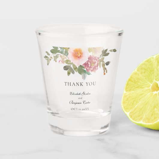 Dusty Roos Wedding Elegant Floral Script Bedankt Shot Glas (Voorkant)