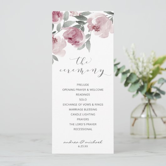 Dusty Roos Wedding Mauve Waterverf Programmakaart (Staand voorkant)