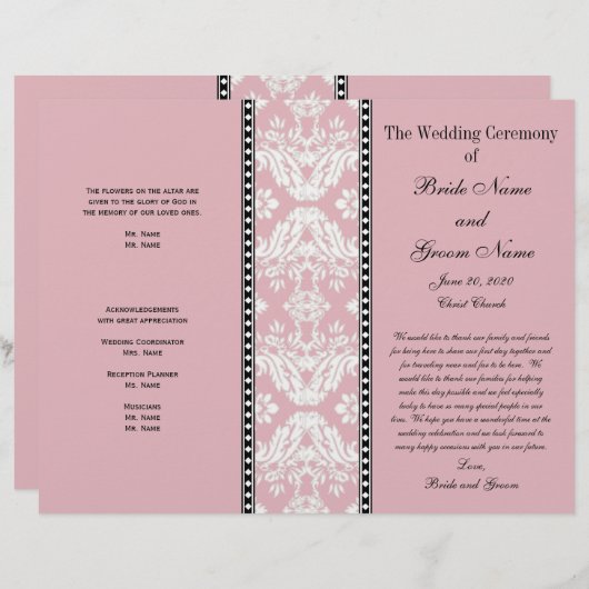 Dusty Roos White Damask Wedding Program (Voorkant / Achterkant)