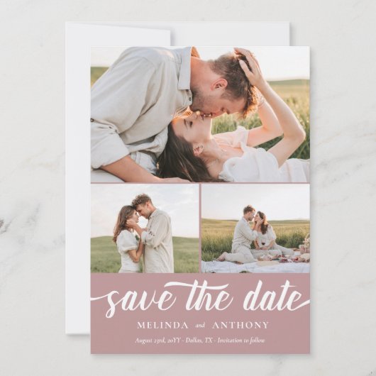 Dusty Roos White Elegant Bold Script Photo Collage Save The Date (Voorkant)