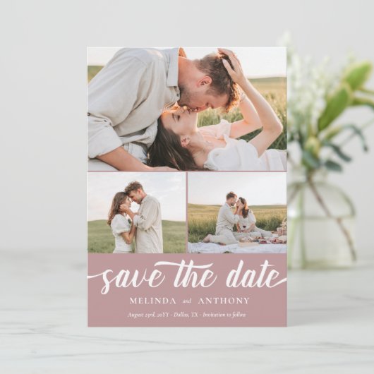 Dusty Roos White Elegant Bold Script Photo Collage Save The Date (Staand voorkant)