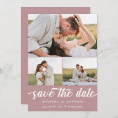 Dusty Roos White Elegant Bold Script Photo Collage Save The Date (Voorkant / Achterkant)