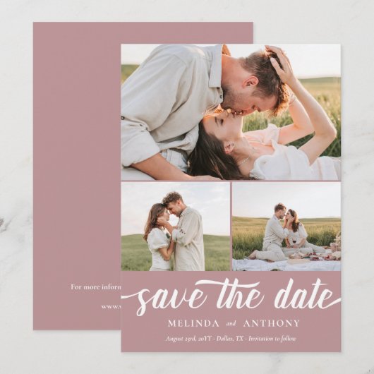 Dusty Roos White Elegant Bold Script Photo Collage Save The Date (Voorkant / Achterkant)