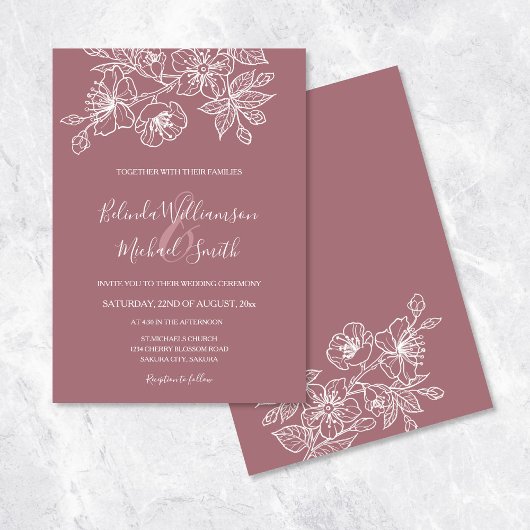Dusty Roos White Floral Line Art | Weddenschap Kaart