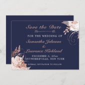 Dusty Roos White Floral Navy Blue Save the Date (Voorkant / Achterkant)