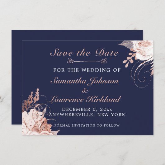 Dusty Roos White Floral Navy Blue Save the Date (Voorkant / Achterkant)