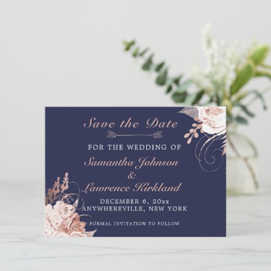 Dusty Roos White Floral Navy Blue Save the Date (Staand voorkant)