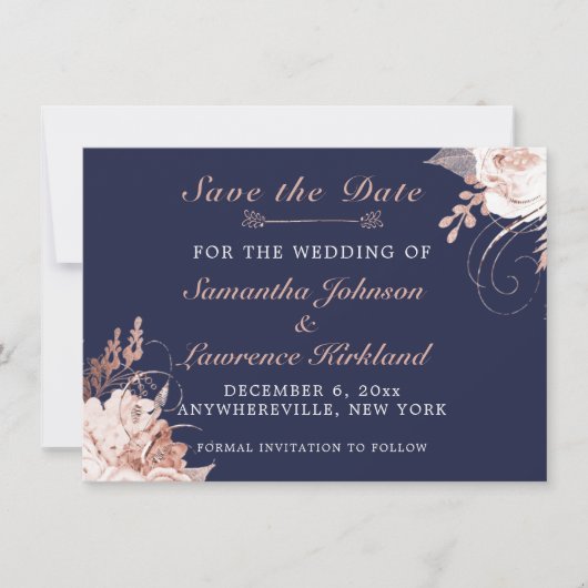 Dusty Roos White Floral Navy Blue Save the Date (Voorkant)