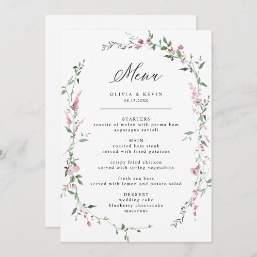 Dusty Roos Wild Flower Blush Krans Bruiloft Menu (Voorkant / Achterkant)