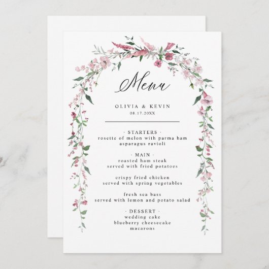 Dusty Roos Wild Flowers Blush Bloemen Bloemen Brui Menu (Voorkant / Achterkant)