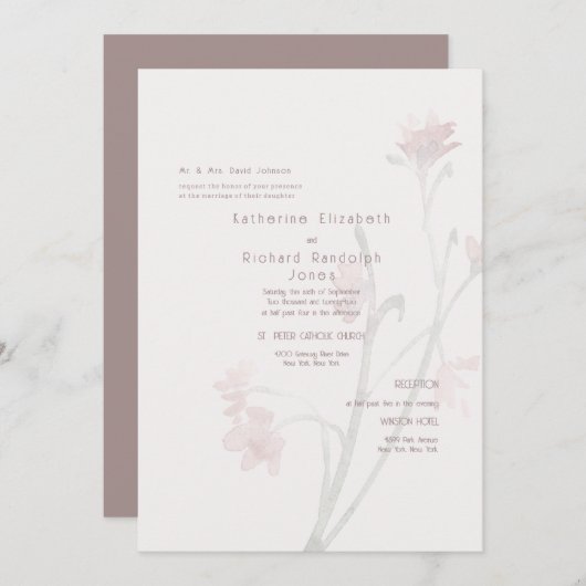 Dusty Roos Wildflower Wedding Invitation Kaart (Voorkant / Achterkant)