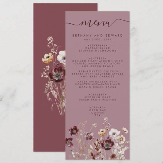 Dusty Roos Wildflower Wedding Menu (Voorkant / Achterkant)