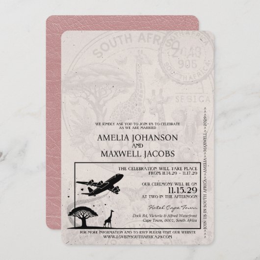 Dusty Roos Zuid-Afrika Passport Wedding Kaart (Voorkant / Achterkant)