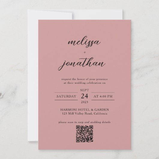 Dusty Roos & Zwart Script Foto QR Code Bruiloft Kaart (Voorkant)
