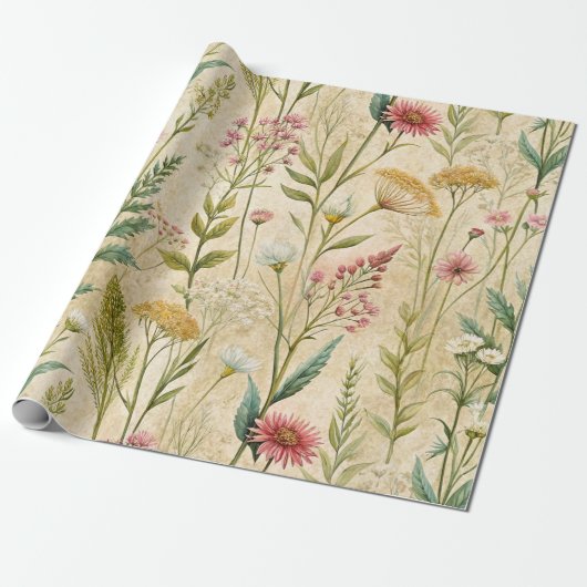 Dusty Rose and Sage Wildflower Botanical Scene Cadeaupapier (Uitgerold)