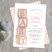 Dusty Rose Baby Blocks Baby Shower Cottage Gingham