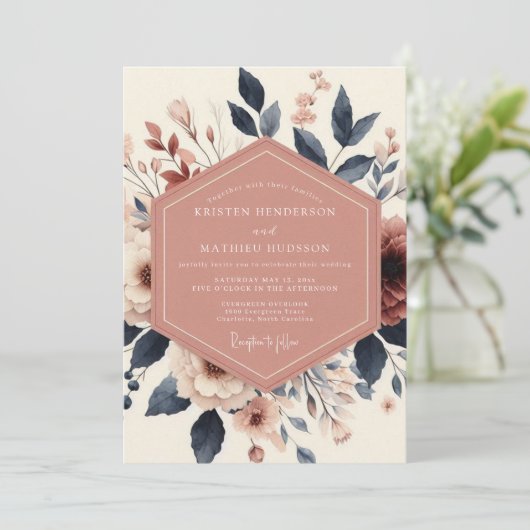 Dusty Rose Bloom Romance Wedding Kaart (Staand voorkant)