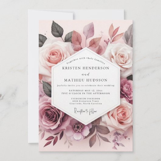 Dusty Rose Blossom Romance Wedding Kaart (Voorkant)