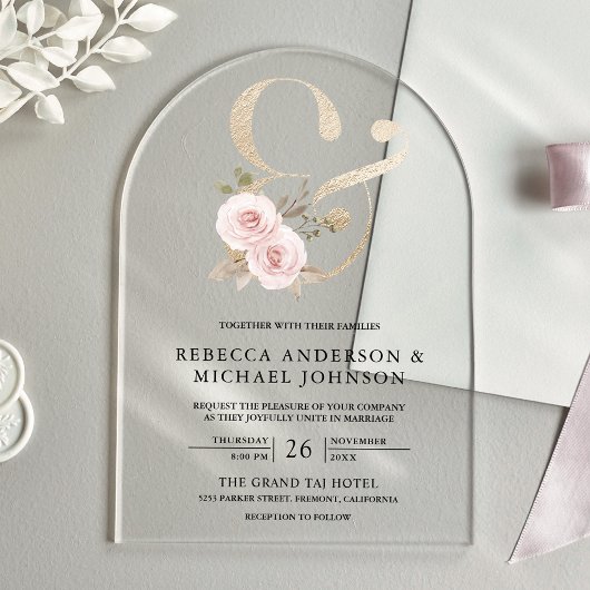 Dusty Rose Blush Floral Ampersand Wedding Acryl Uitnodigingen