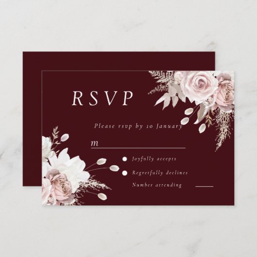 Dusty Rose Blush Floral Wedding Deep Burgundy RSVP Kaartje (Voorkant / Achterkant)