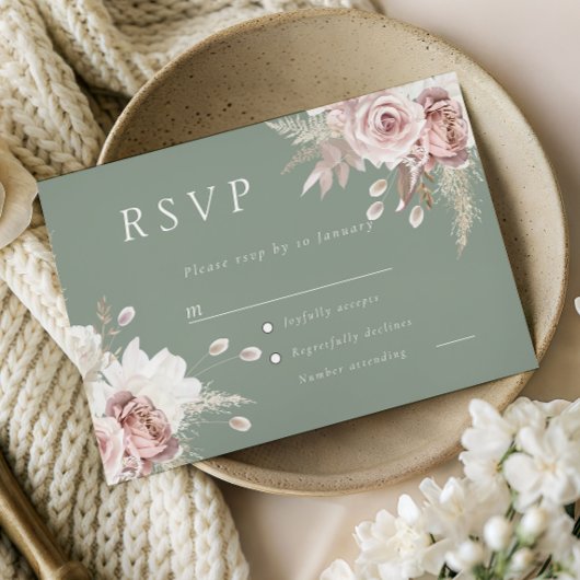 Dusty Rose Blush & Sage Floral Wedding All Event RSVP Kaartje