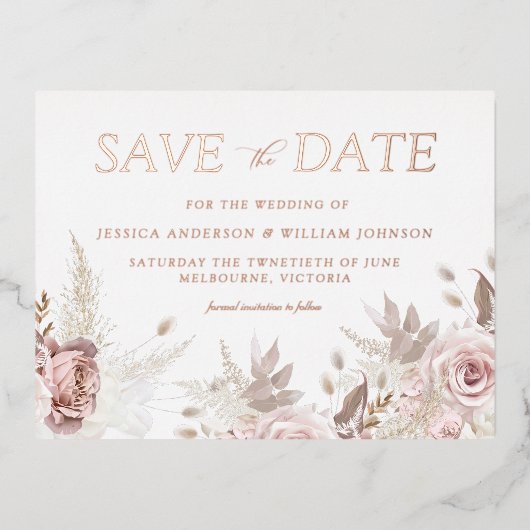 Dusty Rose Blush Trouwdatum Besparen Roze Goud Folie Uitnodiging Briefkaart (Voorkant)