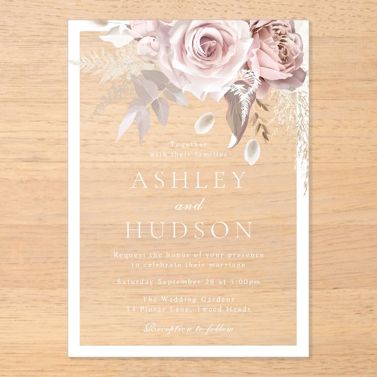 Dusty Rose & Blush Wedding White Border Acryl Uitnodigingen (Voorkant)