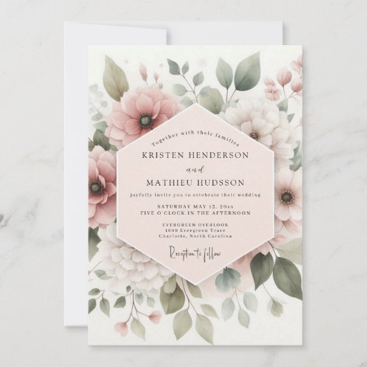 Dusty Rose Botanical Bloom Wedding Kaart (Voorkant)