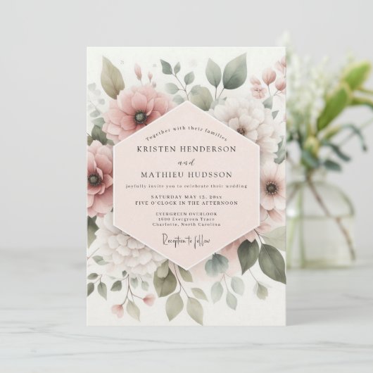 Dusty Rose Botanical Bloom Wedding Kaart (Staand voorkant)