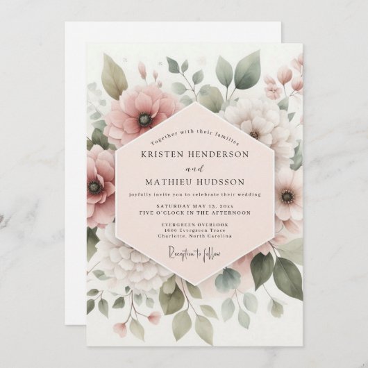 Dusty Rose Botanical Bloom Wedding Kaart (Voorkant / Achterkant)