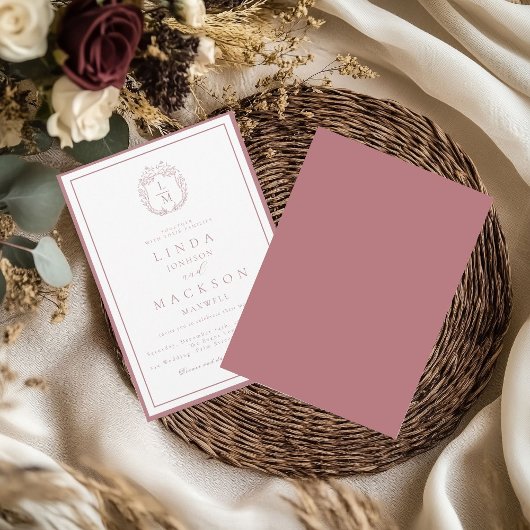 Dusty Rose botanical crest monogram wedding Kaart