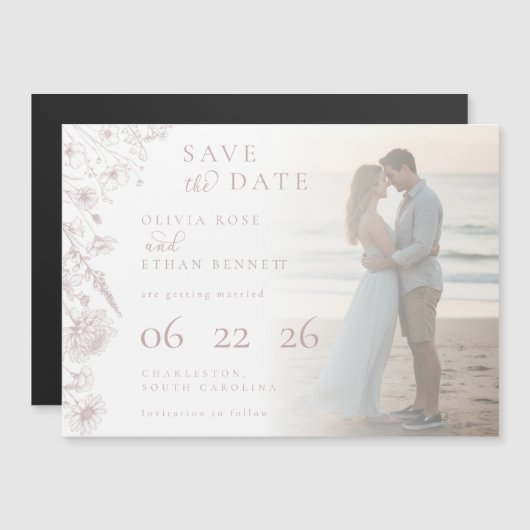 Dusty Rose Botanical Photo Wedding Save the Date (Voorkant / Achterkant)